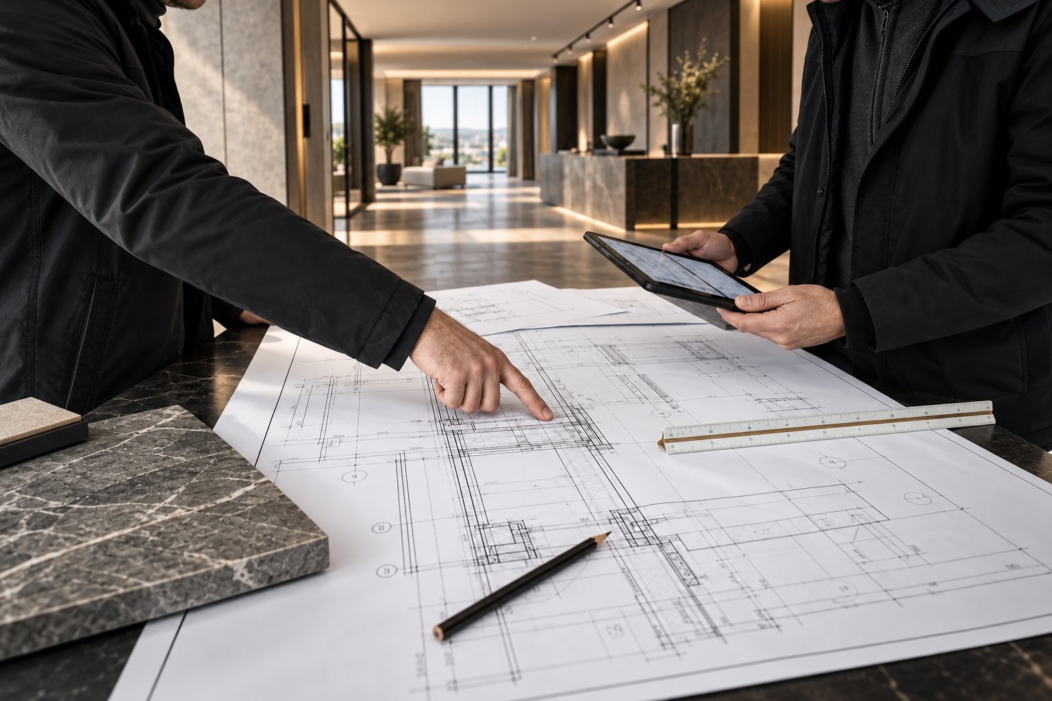 Ilustración de profesionales coordinando decisiones de obra sobre planos técnicos.