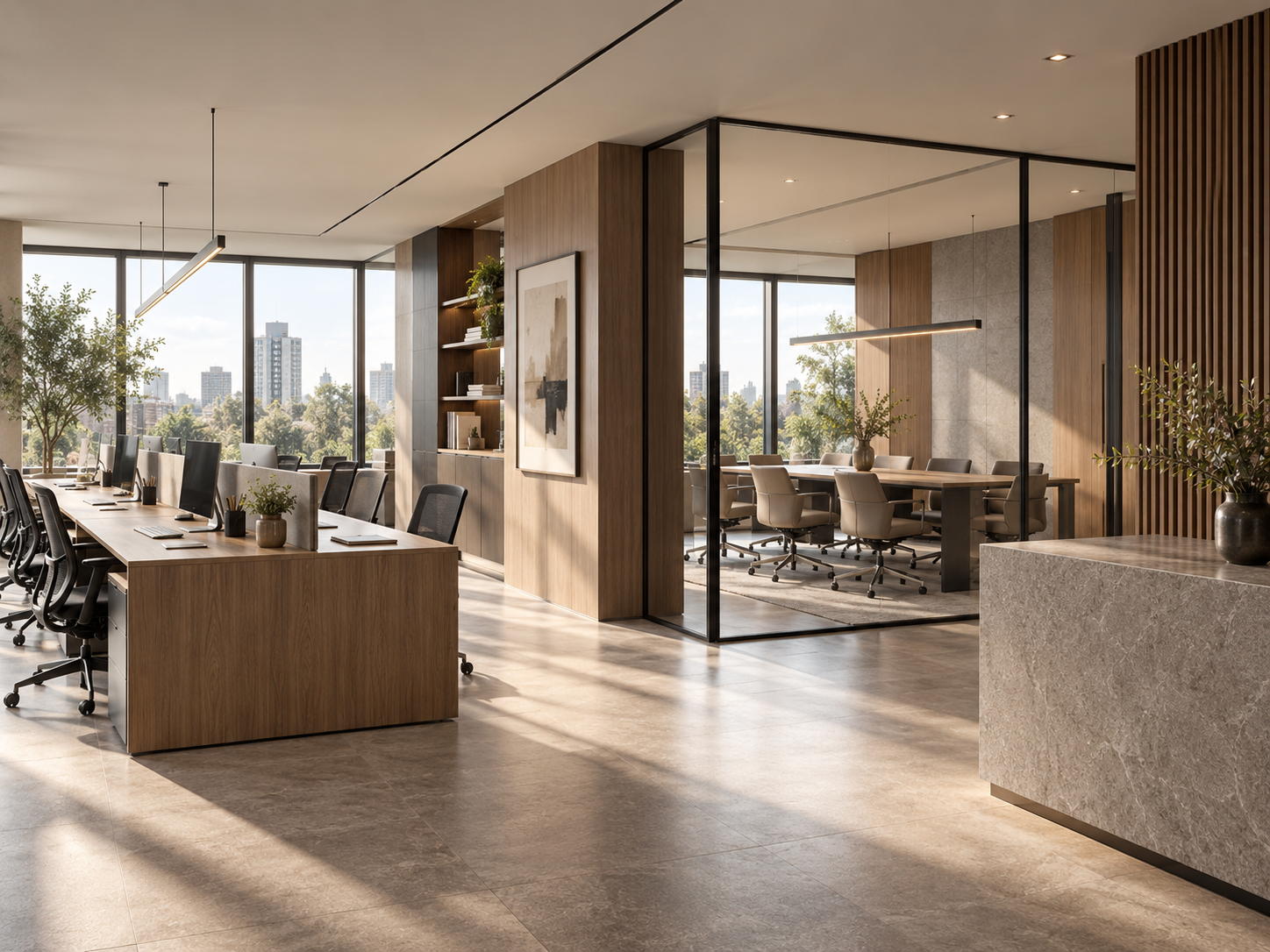 Oficina habilitada por Renova Group: estaciones de trabajo, sala de reuniones acristalada y recepción con vista a la ciudad.