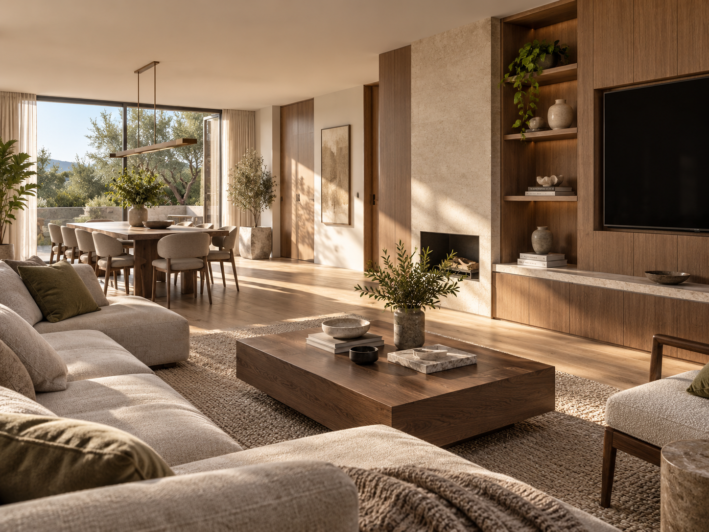 Ilustración arquitectónica de un interior residencial con panelería, iluminación integrada y detalle constructivo.
