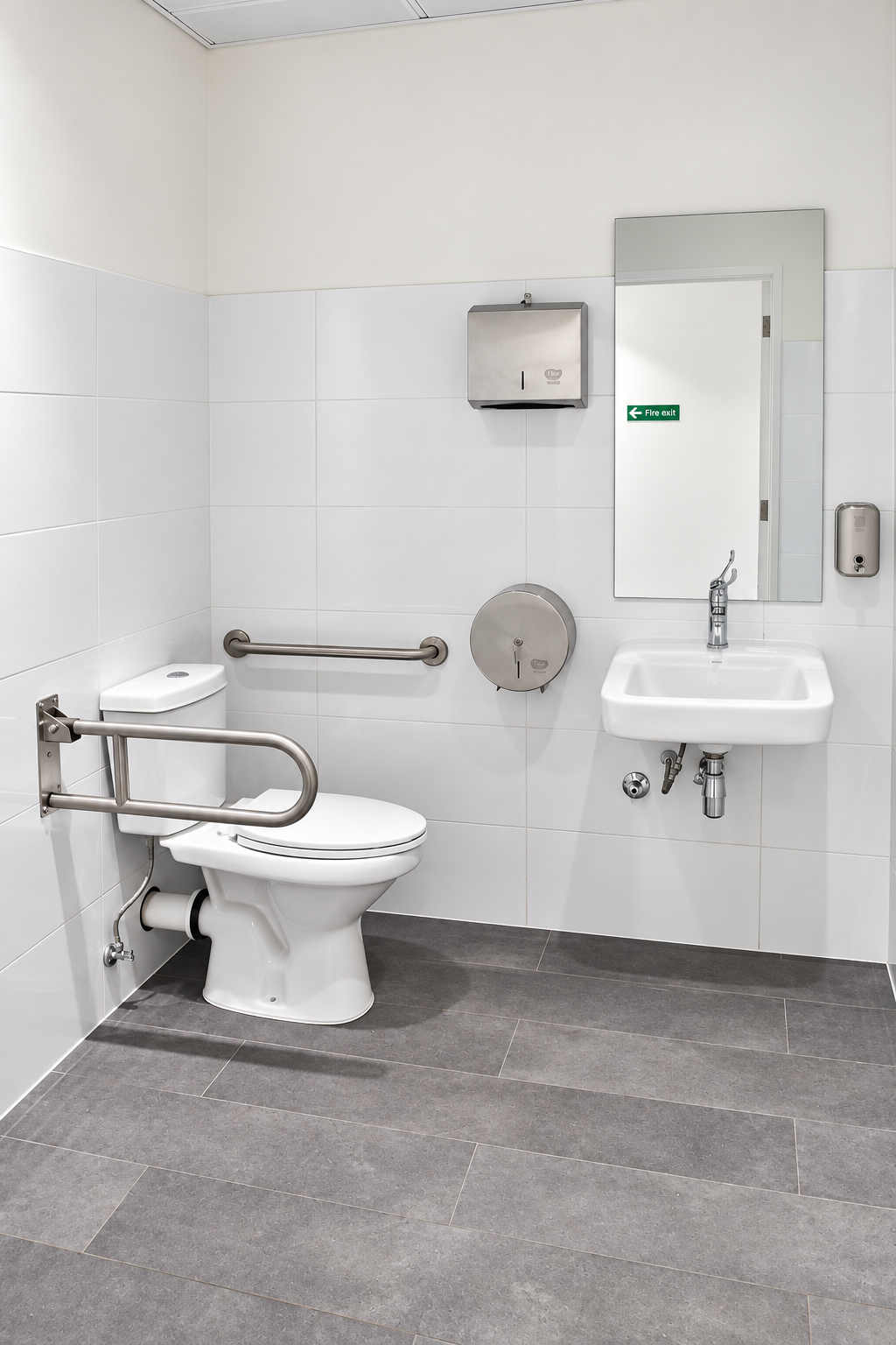 Baño accesible con barras de apoyo y lavamanos en GAES Apoquindo